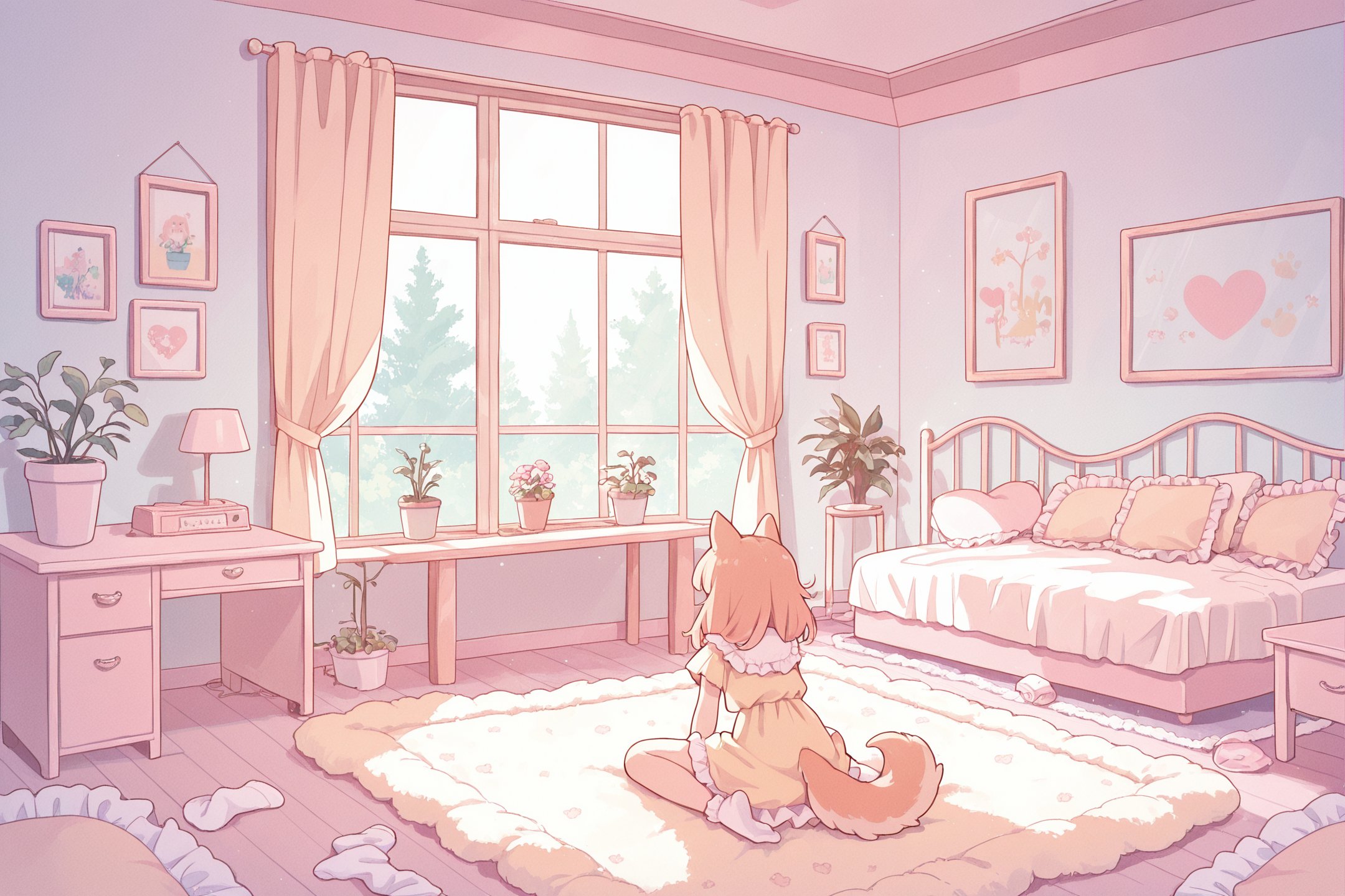 03457-1068465810-wide shot, 1girl, heart, (bedroom_1), (dog tail), W-sitting, white socks, yellow cloth, frills bed, frilly coverlet, frilly pill.jpg
